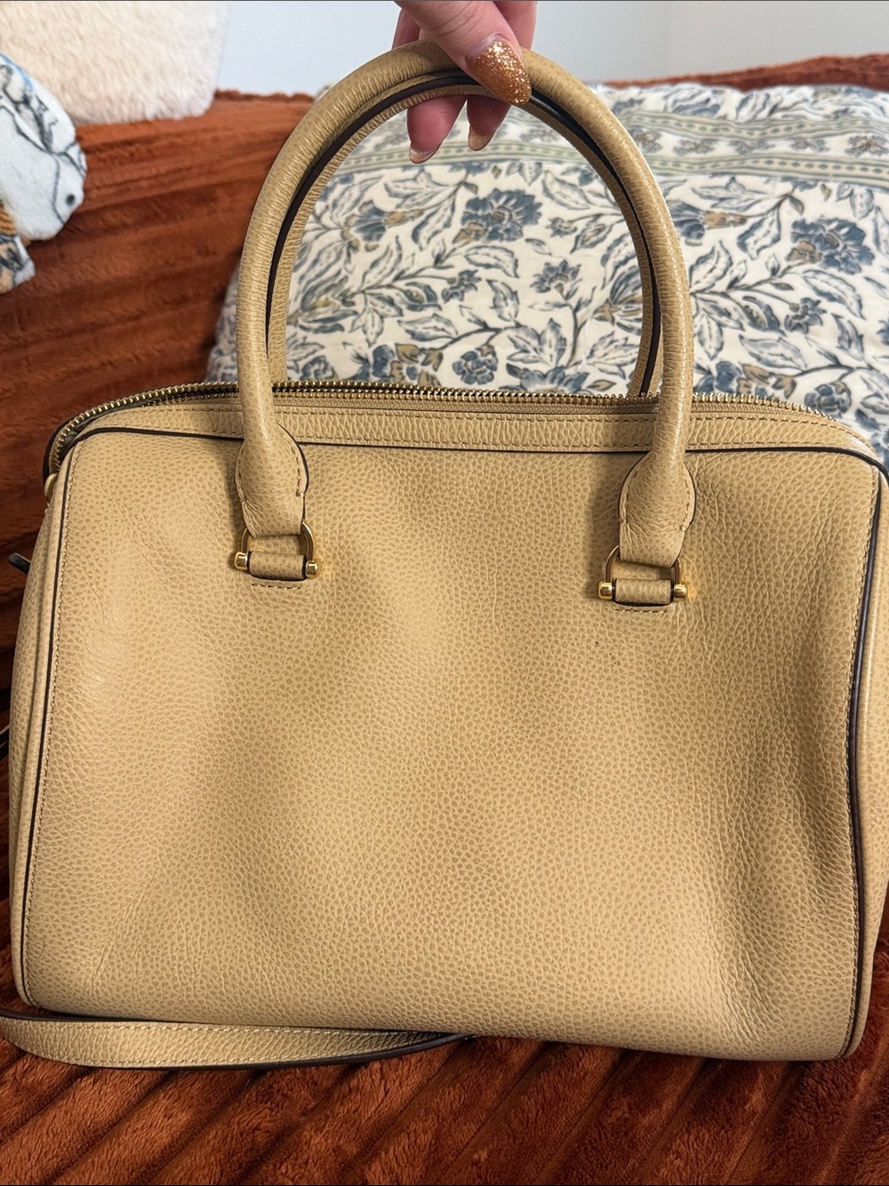 Lauren Ralph Lauren Beige Pebbled Leather Satchel with Gold RL Charm - Picture 5 of 9